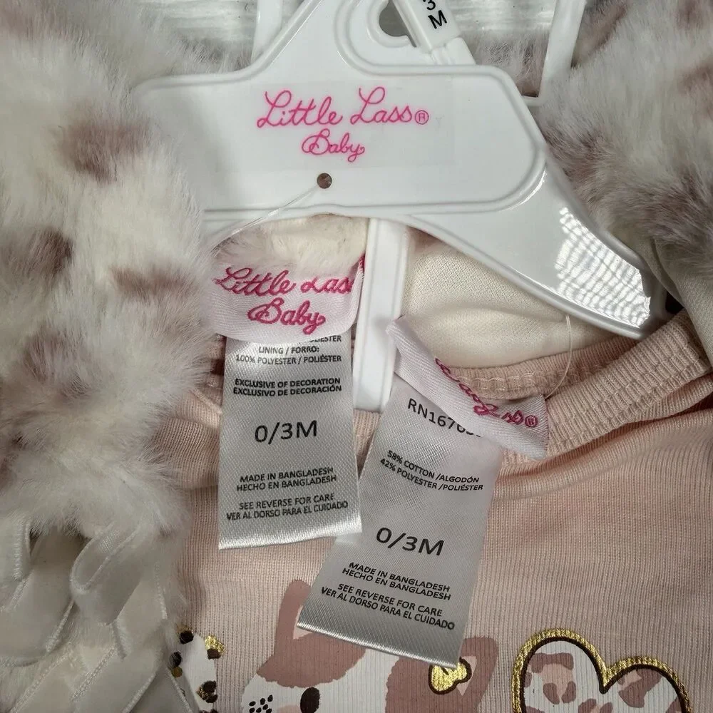 Little Lass Baby Girl 3-Piece Faux Fur Vest Outfit Pink Cheetah 0–3M NWT